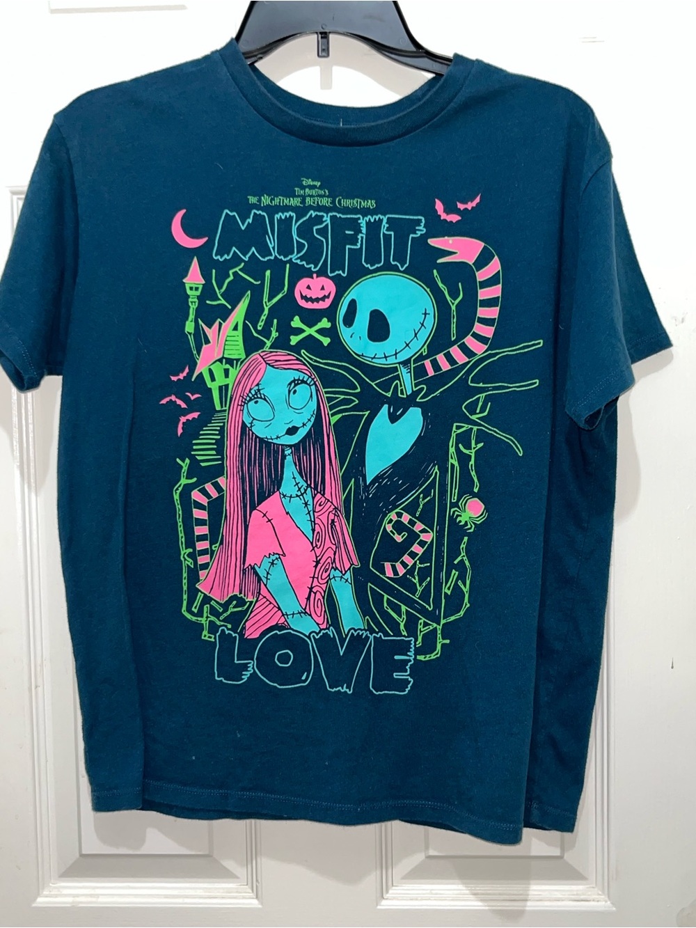 Disney Teal women’s  Tee with Pink & Neon Green Nightmare Before Christmas Art